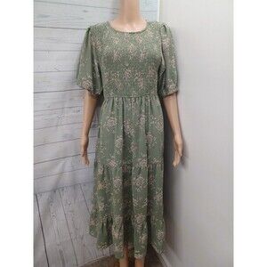 Pologram Tiered Green Floral Cottage Smocked Maxi Dress Sz L